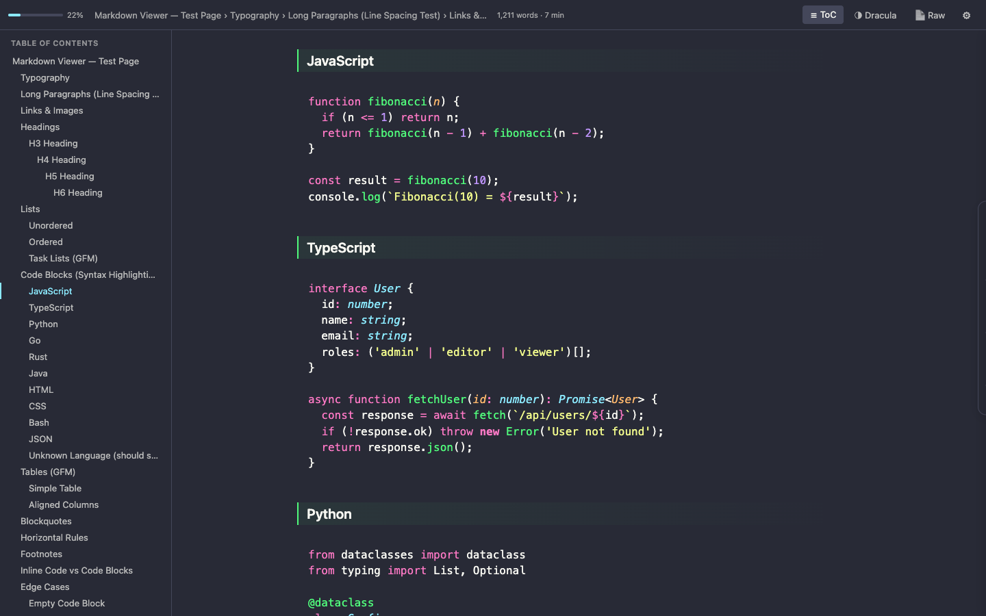 MarkLens rendering a markdown file with Dracula theme, Table of Contents sidebar, and syntax-highlighted code