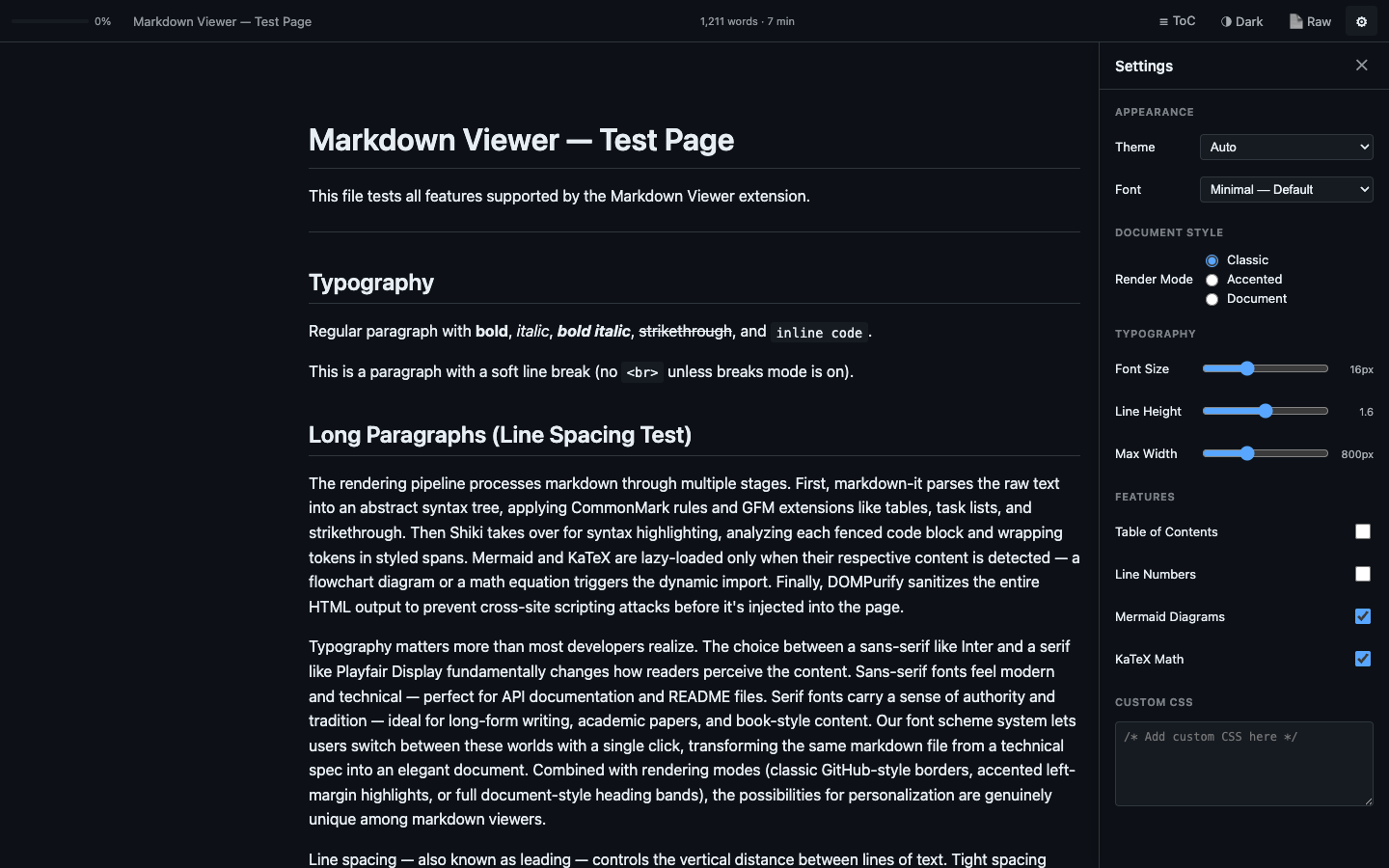 MarkLens inline settings panel showing theme and font controls