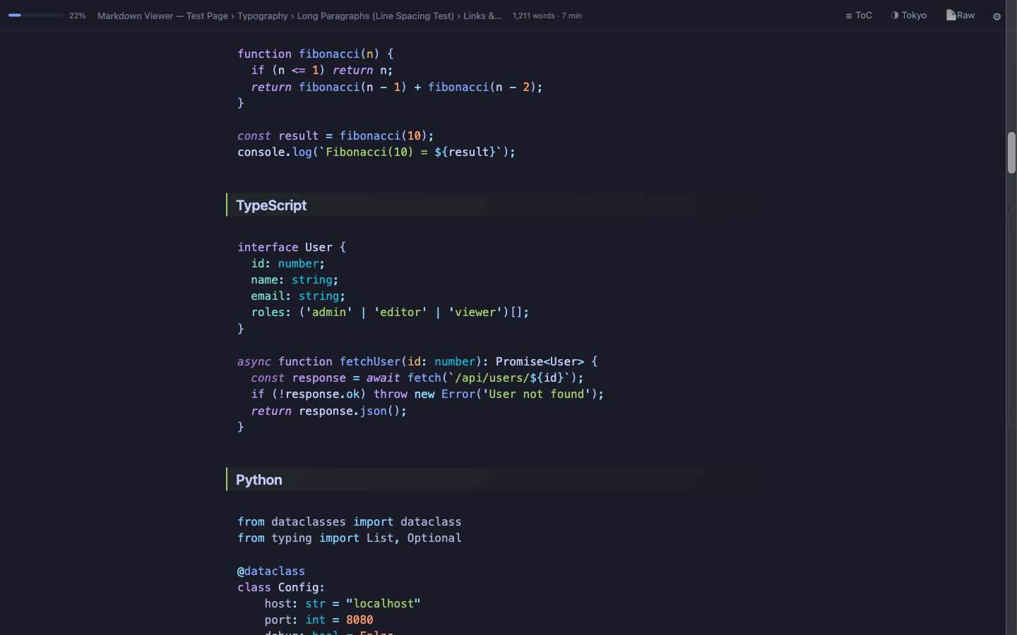 MarkLens syntax highlighting with Tokyo Night theme
